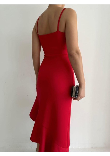 Ince Askılı Etek Ucu Asimetrik Volanlı Scuba Kumaş Abiye Elbise 581708 Kırmızı fırsatları