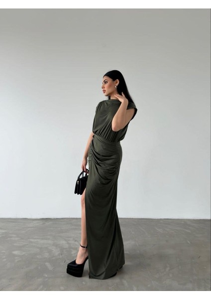 Bel Büzgülü Yırtmaçlı Uzun Sandy Elbise 582885 Haki