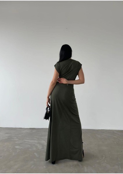 Bel Büzgülü Yırtmaçlı Uzun Sandy Elbise 582885 Haki fiyatları