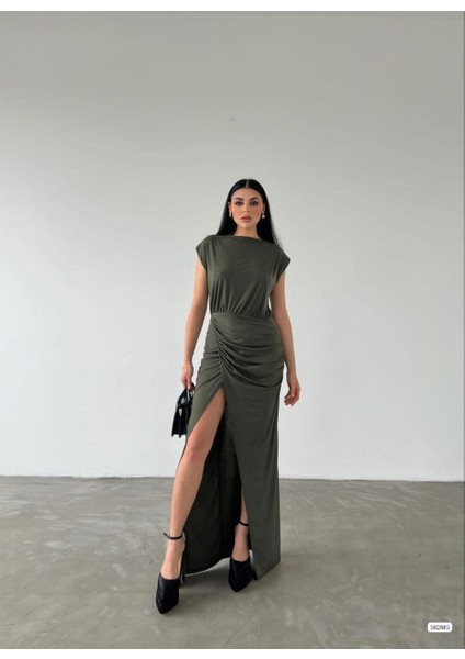 Bel Büzgülü Yırtmaçlı Uzun Sandy Elbise 582885 Haki modelleri