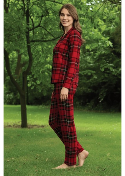 Kadın Önden Düğmeli Süet Ekose Kırmızı Pijama Takımı – Kış Koleksiyonu 0665 fiyatları