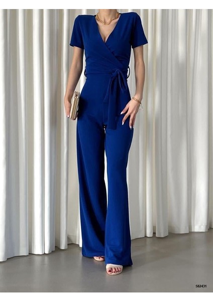 Kruvaze Yaka Kuşaklı Krep Kumaş Tulum 582431 Saks modelleri
