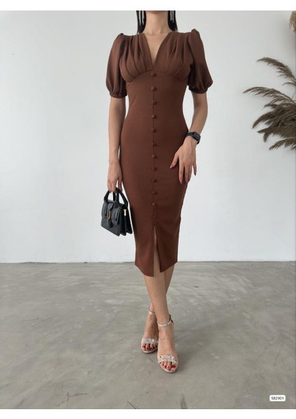 Scuba Krep Elbise 582901 Kahve