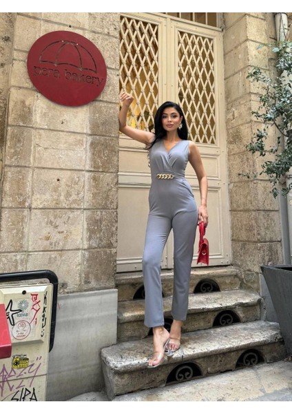Ithal Krep Kumaş Zincir Detaylı Tulum 582407 Gri modelleri