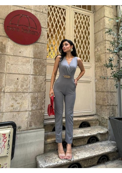 Ithal Krep Kumaş Zincir Detaylı Tulum 582407 Gri fırsatları