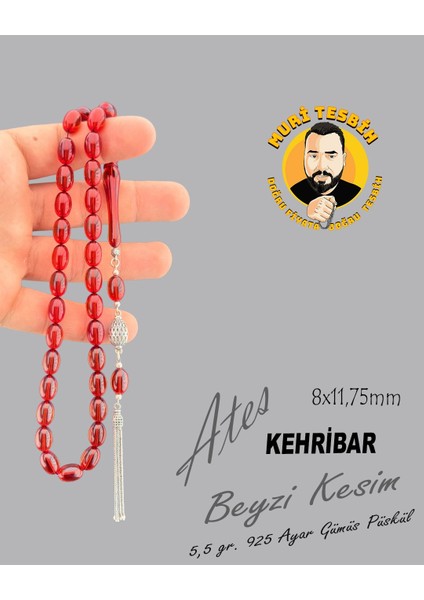 5,5 gr 925 Ayar Gümüş Püskül M.s.g Ateş Kehribar Beyzi Kesim 8X11,75