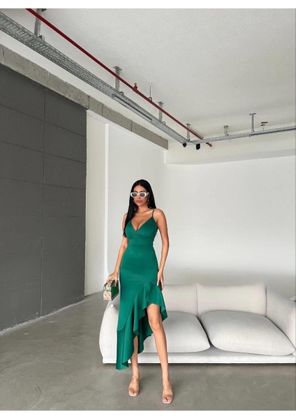 Ince Askılı Etek Ucu Asimetrik Volanlı Scuba Kumaş Abiye Elbise 581708 Yeşil modelleri