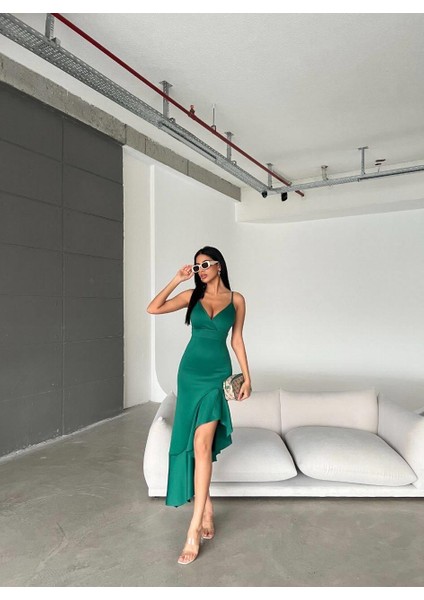 Ince Askılı Etek Ucu Asimetrik Volanlı Scuba Kumaş Abiye Elbise 581708 Yeşil fırsatları