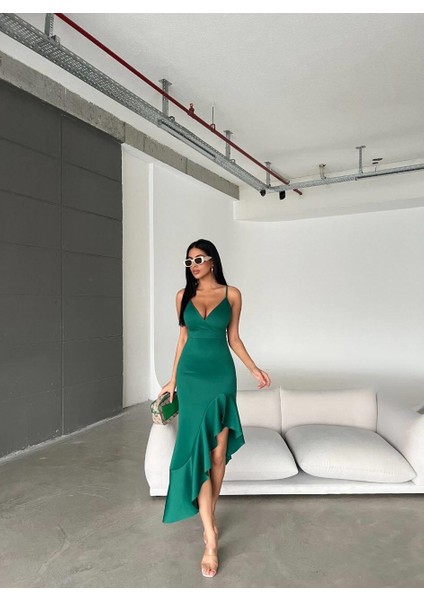 Ince Askılı Etek Ucu Asimetrik Volanlı Scuba Kumaş Abiye Elbise 581708 Yeşil indirimleri