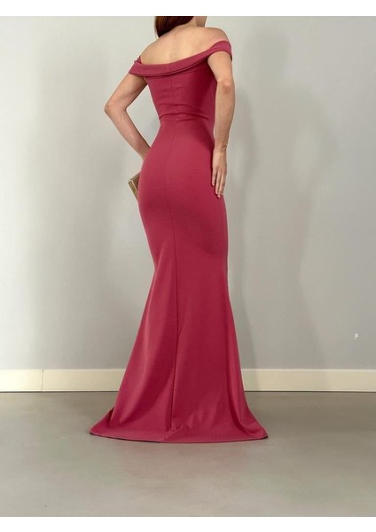 Kayık Yaka Ithal Krep Kumaş Abiye Elbise 582013 Gülkurusu fiyatları