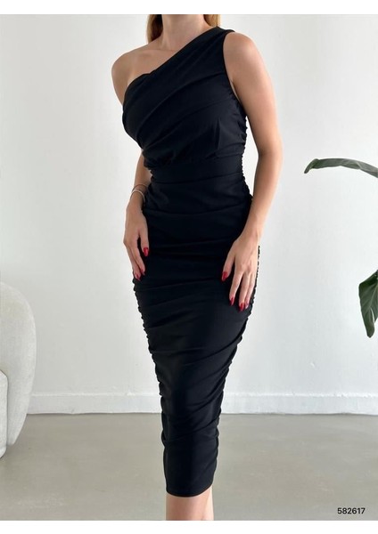 Tek Omuz Scuba Krep Elbise 582617 Siyah