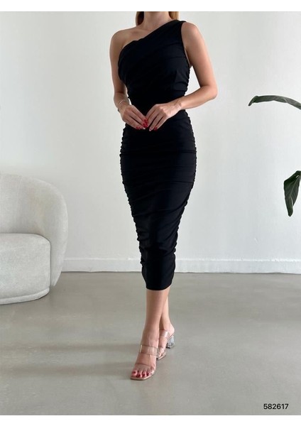 Tek Omuz Scuba Krep Elbise 582617 Siyah modelleri