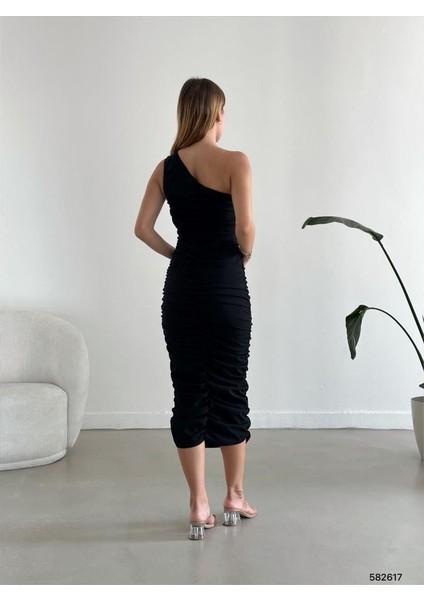 Tek Omuz Scuba Krep Elbise 582617 Siyah fırsatları