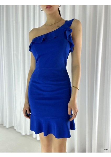 Tek Omuz Detay Volanlı Krep Kumaş Elbise 582446 Saks