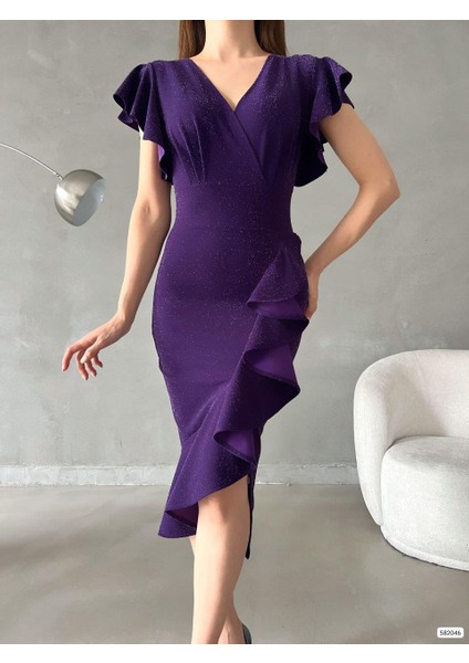 Flowers Volanlı Kumaş Simli Elbise 582046 Mor fiyatları