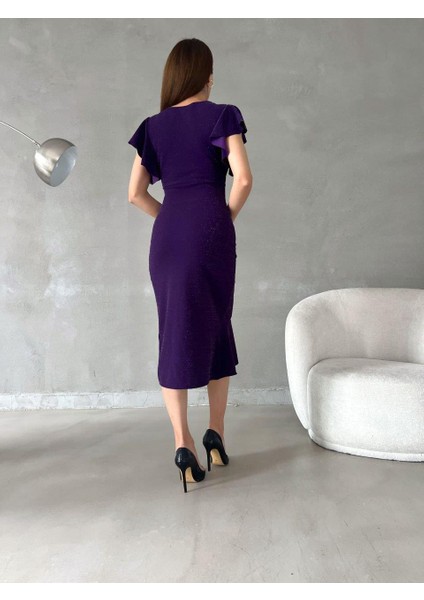 Flowers Volanlı Kumaş Simli Elbise 582046 Mor modelleri