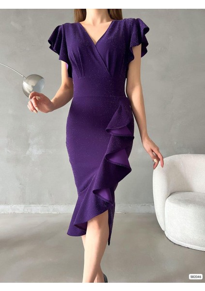 Flowers Volanlı Kumaş Simli Elbise 582046 Mor fırsatları