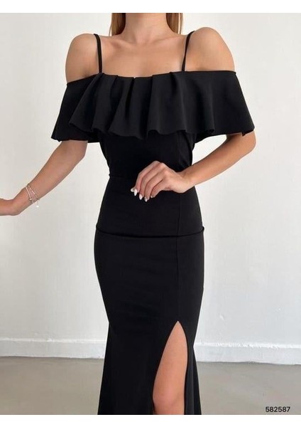 Yakasi Kat Detayli Maxi Boy Abiye ve Mezuniyat Elbisesi 582587 Siyah