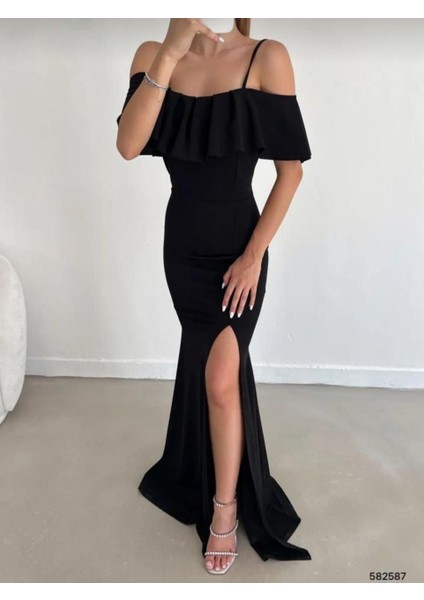 Yakasi Kat Detayli Maxi Boy Abiye ve Mezuniyat Elbisesi 582587 Siyah fırsatları
