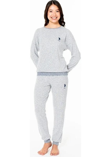 Kadın Lacivert Melanj Renk Uzun Kollu Bisiklet Yaka Lastikli Paça Çizgili Pijama Takımı C8T2N102