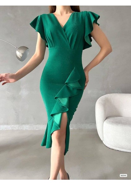 Flowers Volanlı Kumaş Simli Elbise 582046 Zumrut modelleri