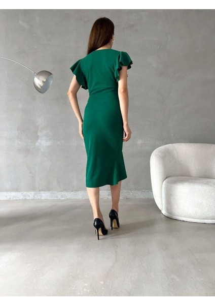 Flowers Volanlı Kumaş Simli Elbise 582046 Zumrut indirimleri