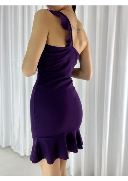 Tek Omuz Detay Volanlı Krep Kumaş Elbise 582446 Mor fiyatları