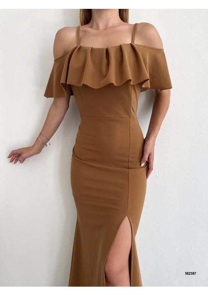 Yakasi Kat Detayli Maxi Boy Abiye ve Mezuniyat Elbisesi 582587 Kahverengi