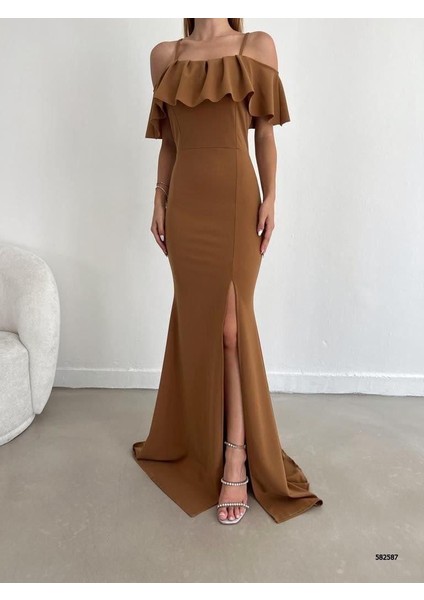 Yakasi Kat Detayli Maxi Boy Abiye ve Mezuniyat Elbisesi 582587 Kahverengi modelleri