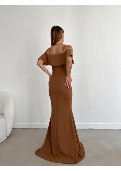 Yakasi Kat Detayli Maxi Boy Abiye ve Mezuniyat Elbisesi 582587 Kahverengi fırsatları