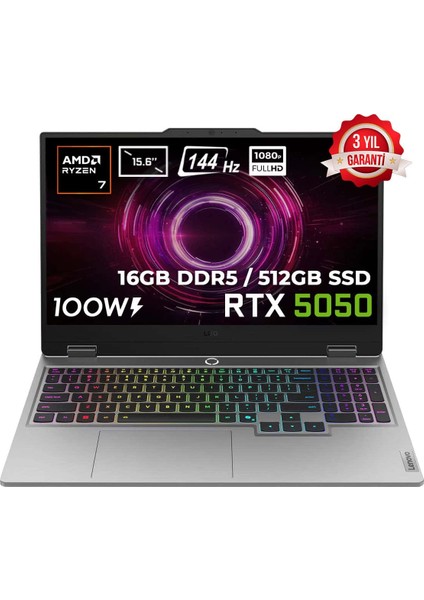 LOQ 15AHP10 AMD Ryzen 7-250 16GB DDR5 512GB SSD RTX5050 8GB 100W 15.6 inç Full HD 144Hz IPS FreeDos Gaming Laptop (83JG006CTRv1)
