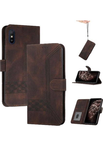 Xiaomi Redmi 9A Kart Tutucu Yuvaları Bilek Kayışı Tpu Iç Koruyucu Stand Pu Deri Folyo Kapaklı Cüzdan Telefon Kılıfı (Yurt Dışından)