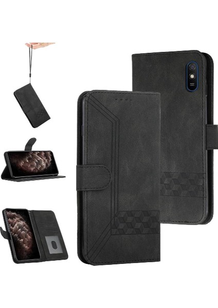 Xiaomi Redmi 9A Kart Tutucu Yuvaları Bilek Kayışı Tpu Iç Koruyucu Stand Pu Deri Folyo Kapaklı Cüzdan Telefon Kılıfı (Yurt Dışından)
