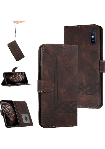 Xiaomi Redmi 9A Kart Tutucu Yuvaları Bilek Kayışı Tpu Iç Koruyucu Stand Pu Deri Folyo Kapaklı Cüzdan Telefon Kılıfı (Yurt Dışından)
