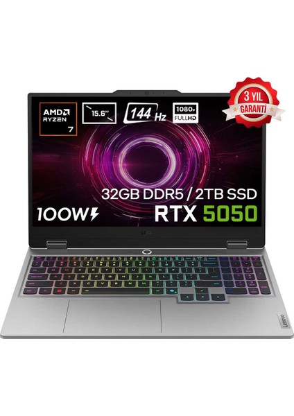 LOQ 15AHP10 AMD Ryzen 7-250 32GB DDR5 2TB SSD RTX5050 8GB 100W 15.6 inç Full HD 144Hz IPS FreeDos Gaming Laptop (83JG006ATRv5)