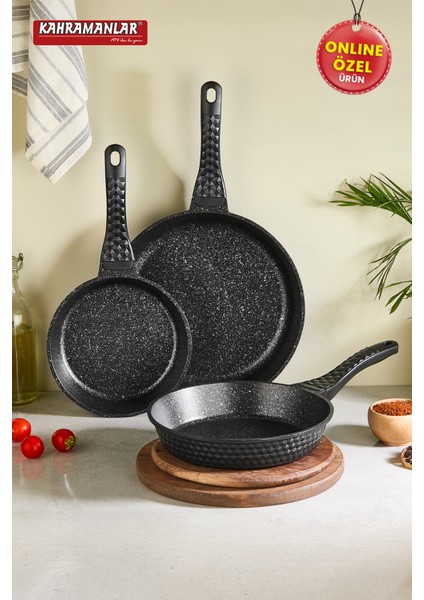Alüminyum Döküm Düz Tava Seti 3 Parça 20-24-28 cm PTFE Kaplama Siyah