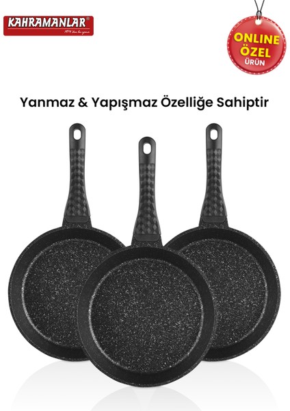 Alüminyum Döküm Düz Tava Seti 3 Parça 20-24-28 cm PTFE Kaplama Siyah fırsatları