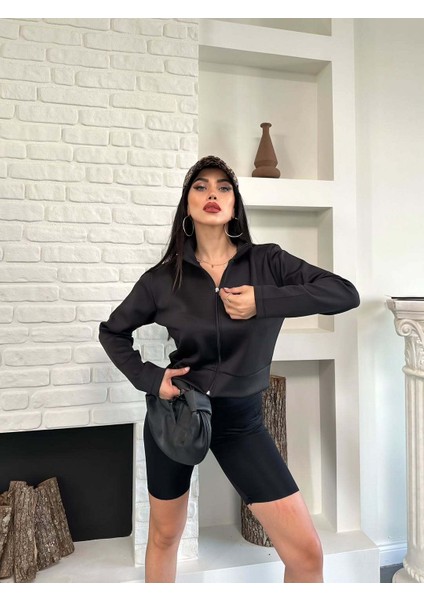 Scuba Kumaş Uzun Kollu Fermuarlı Crop Spor Ceket | Siyah fırsatları