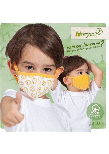 Organik Maske 2li Aslanlı Beyaz - Hardal