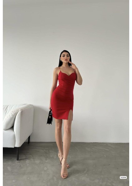 Yırtmaç Detaylı Scuba Kumaş Kadın Mini Elbise 582886 Kırmızı