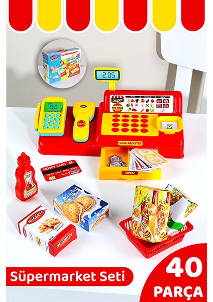40 Parça Yazar Kasa Alışveriş Seti - Aksesuarlı Market Seti Eğitici Öğretici Oyuncak