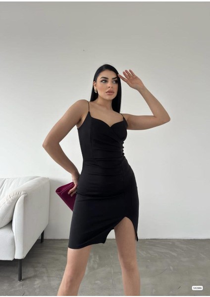 Yırtmaç Detaylı Scuba Kumaş Kadın Mini Elbise 582886 Siyah