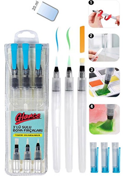 Su Hazneli Fırça Seti 3 Adet Fiber Uçlu Fırçalar ile Kolay Suluboya Uygulama