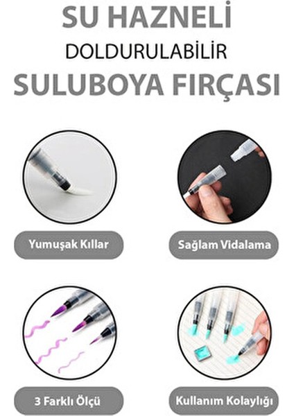 Su Hazneli Fırça Seti 3 Adet Fiber Uçlu Fırçalar ile Kolay Suluboya Uygulama