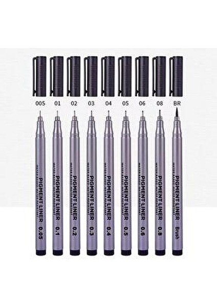 Pigmentli Teknik Çizim Kalemi Su Geçirmez Siyah 9'lu Set 0,05-0,8 mm Uç Kalınlıklarıyla