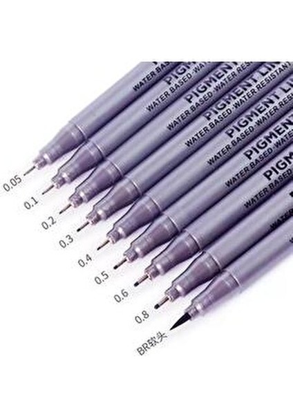Pigmentli Teknik Çizim Kalemi Su Geçirmez Siyah 9'lu Set 0,05-0,8 mm Uç Kalınlıklarıyla
