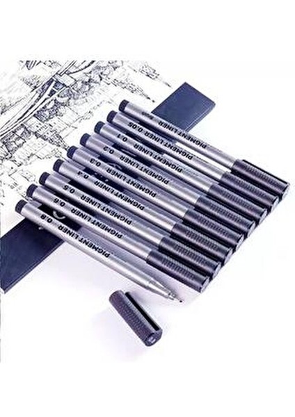 Pigmentli Teknik Çizim Kalemi Su Geçirmez Siyah 9'lu Set 0,05-0,8 mm Uç Kalınlıklarıyla