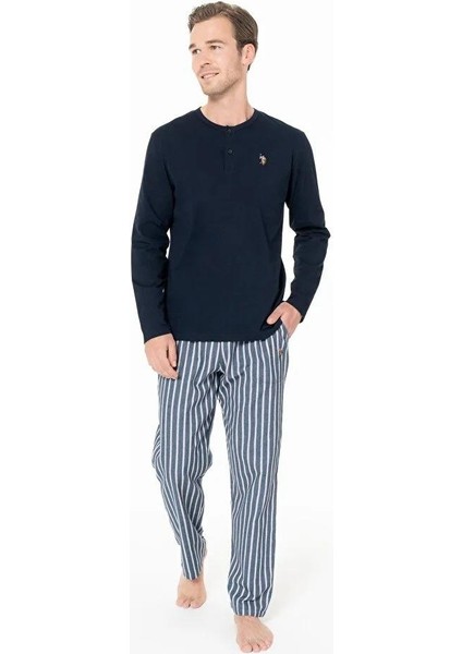 Erkek Lacivert Renk Düğmeli Yaka Uzun Kollu Çizgili Alt Düz Paça Pijama Takımı C7T8N981