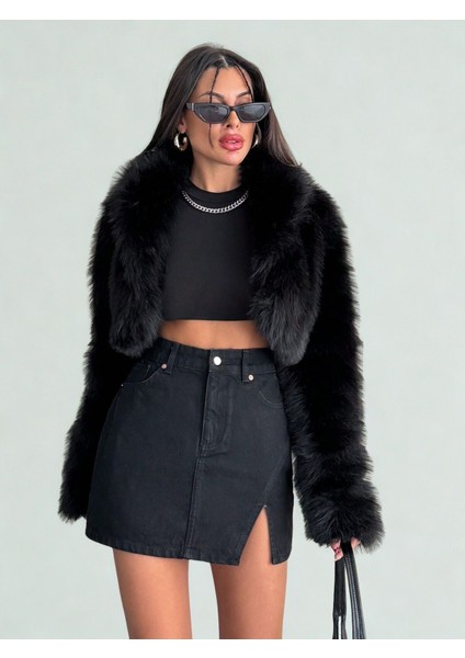 Yırtmaç Detaylı Siyah Kot Mini Etek fiyatları
