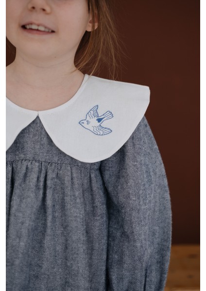 Birde Kuş Nakışlı Lacivert Uzun Kollu Elbise fiyatları